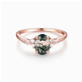 1.2Ct Oval Cut Natural Moss Agate Gemstone Ring Cz Accent With 14K Gold Plating Over Solid Silver for Women