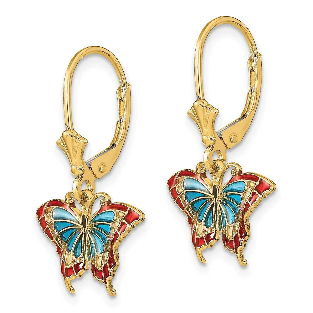 14K Yellow Gold Blue and Red Enameled Wings Butterfly Leverback Earrings