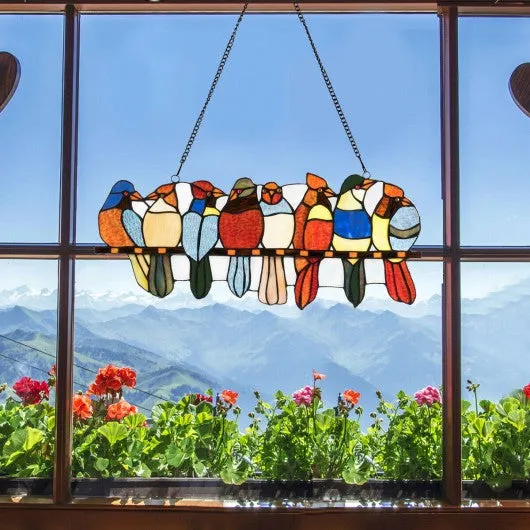 22.5" Tiffany Glass Window Panel 8 Birds Hanging with Chain