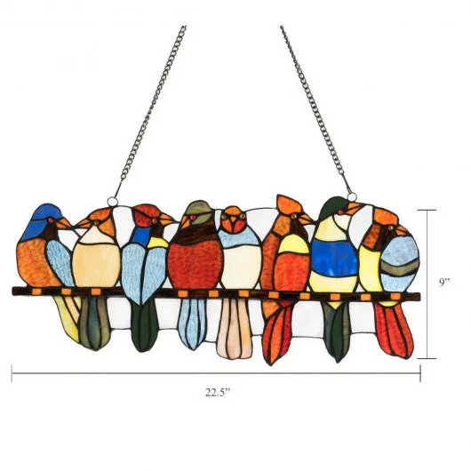 22.5" Tiffany Glass Window Panel 8 Birds Hanging with Chain