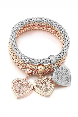 3 Hearts Bracelets Set in Gold Silver and Rose Gold