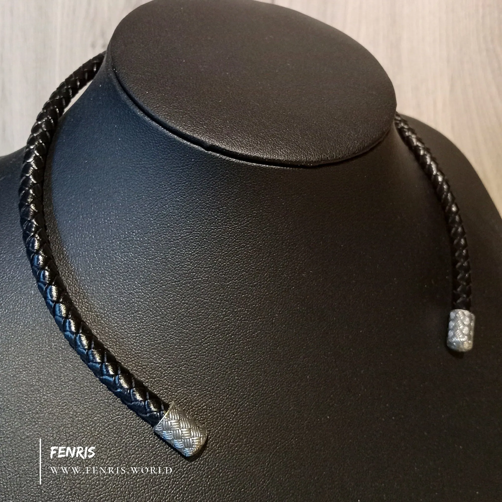 925 Silver Torc Black Leather Necklace