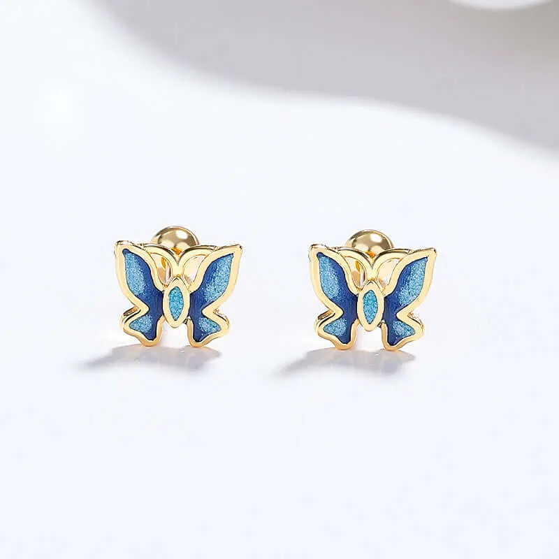 925 Sterling Silver Blue Drip Butterfly Threaded Ball Back Earrings for Women