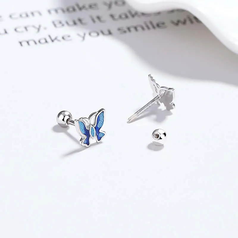 925 Sterling Silver Blue Drip Butterfly Threaded Ball Back Earrings for Women