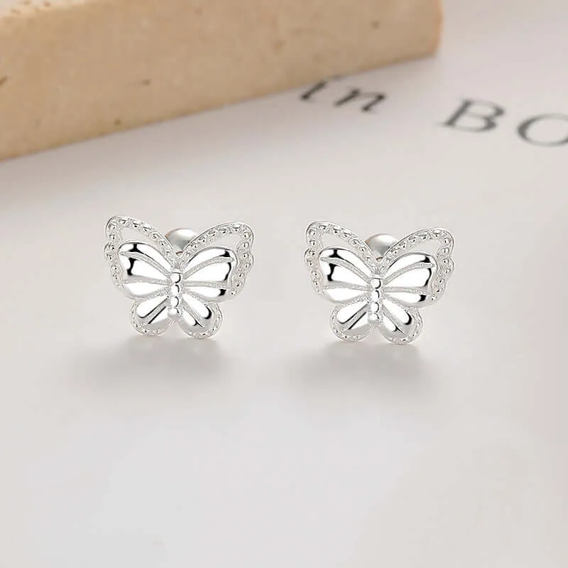 925 Sterling Silver Butterfly Threaded Sweet Ball Back Earrings