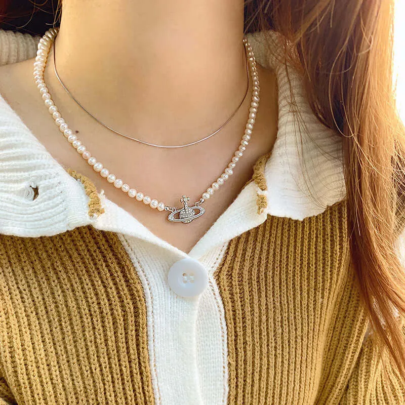 925 Sterling Silver Saturn Real Pearl Necklace