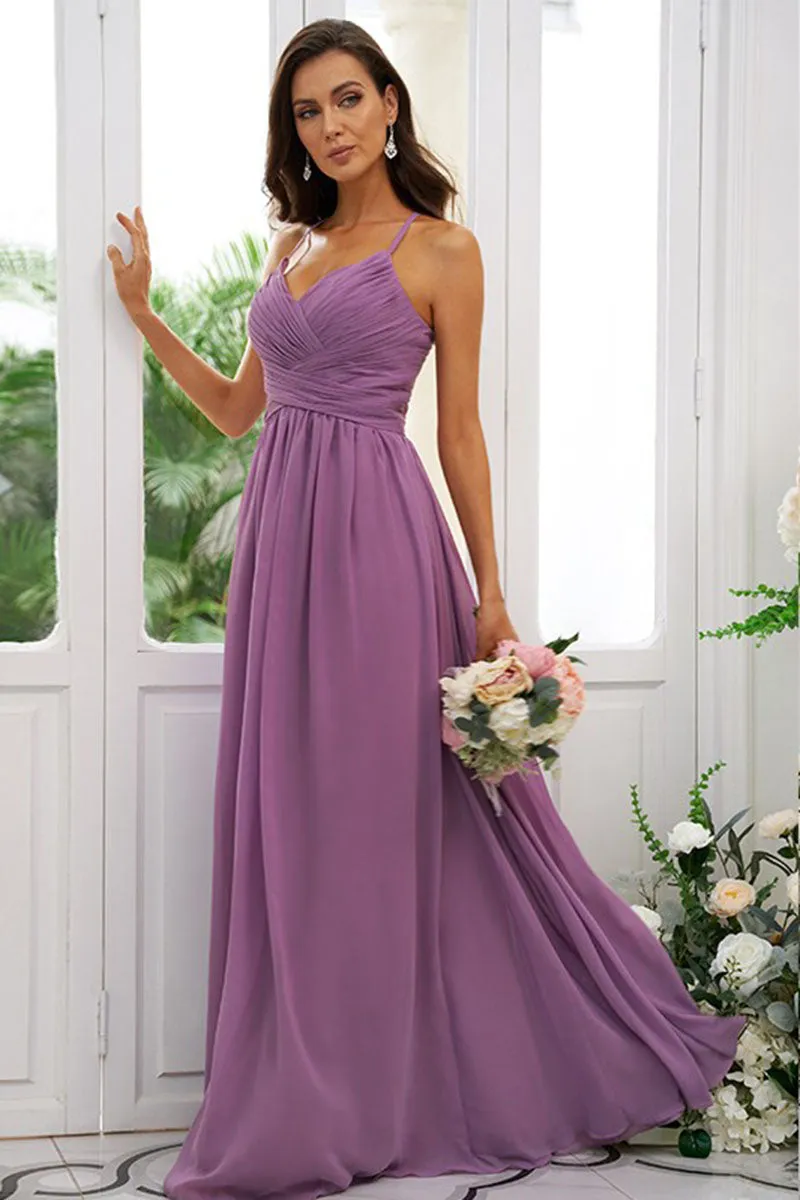 B4066 - V-Neck Spaghetti Straps Ruched Chiffon A-Line Bridesmaid Dress