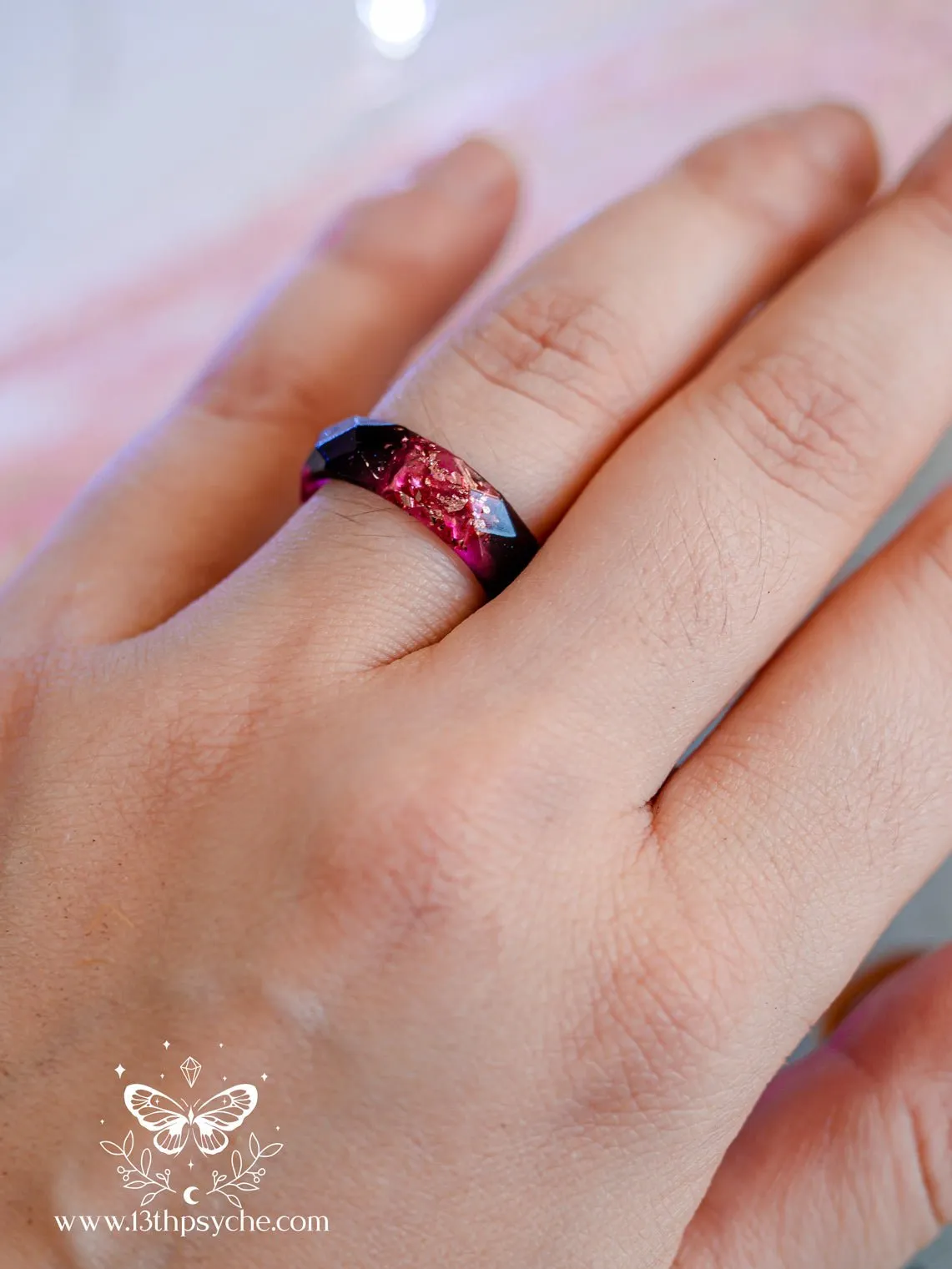 Black and Pink faceted resin ring with pink metallic flakes