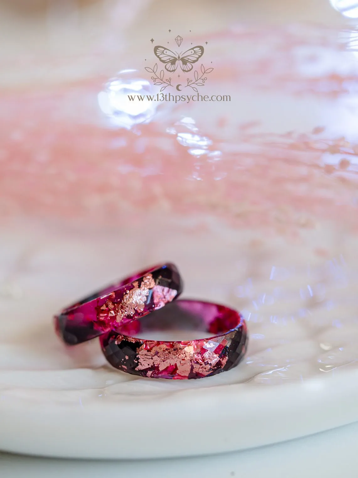 Black and Pink faceted resin ring with pink metallic flakes