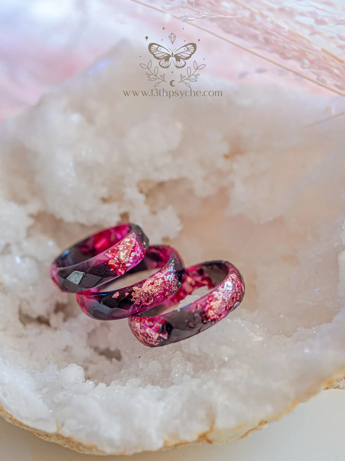 Black and Pink faceted resin ring with pink metallic flakes