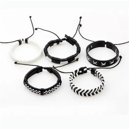 Classy Men White & Black Leather Bracelet Set