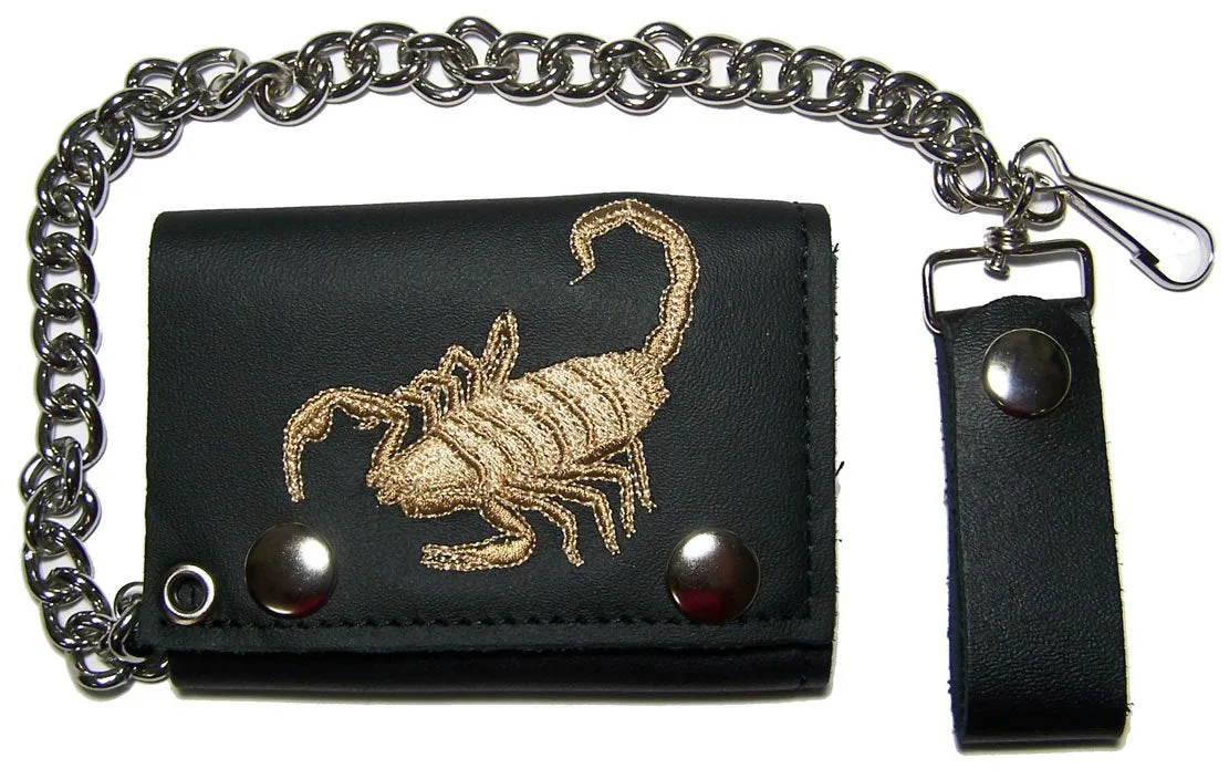 EMBROIDERED SCORPION TRIFOLD LEATHER WALLET WITH CHAIN