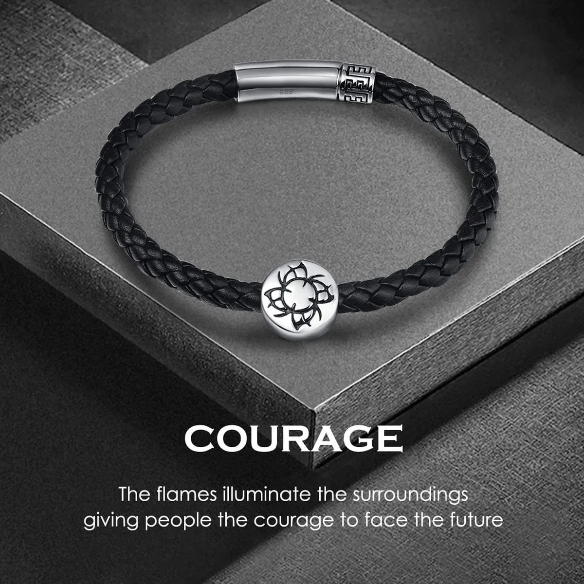 FANCIME COURAGE  Mens Leather Sterling Silver Bracelet