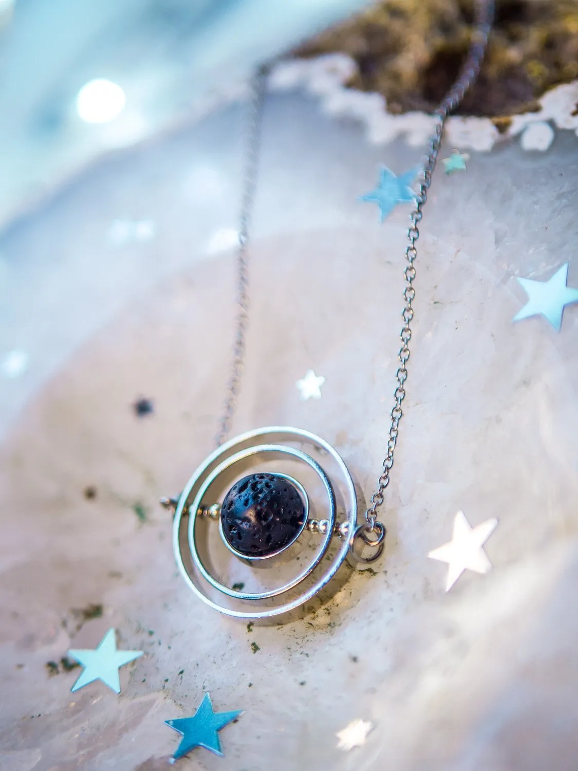 Galaxy inspired asteroid silver spinner necklace