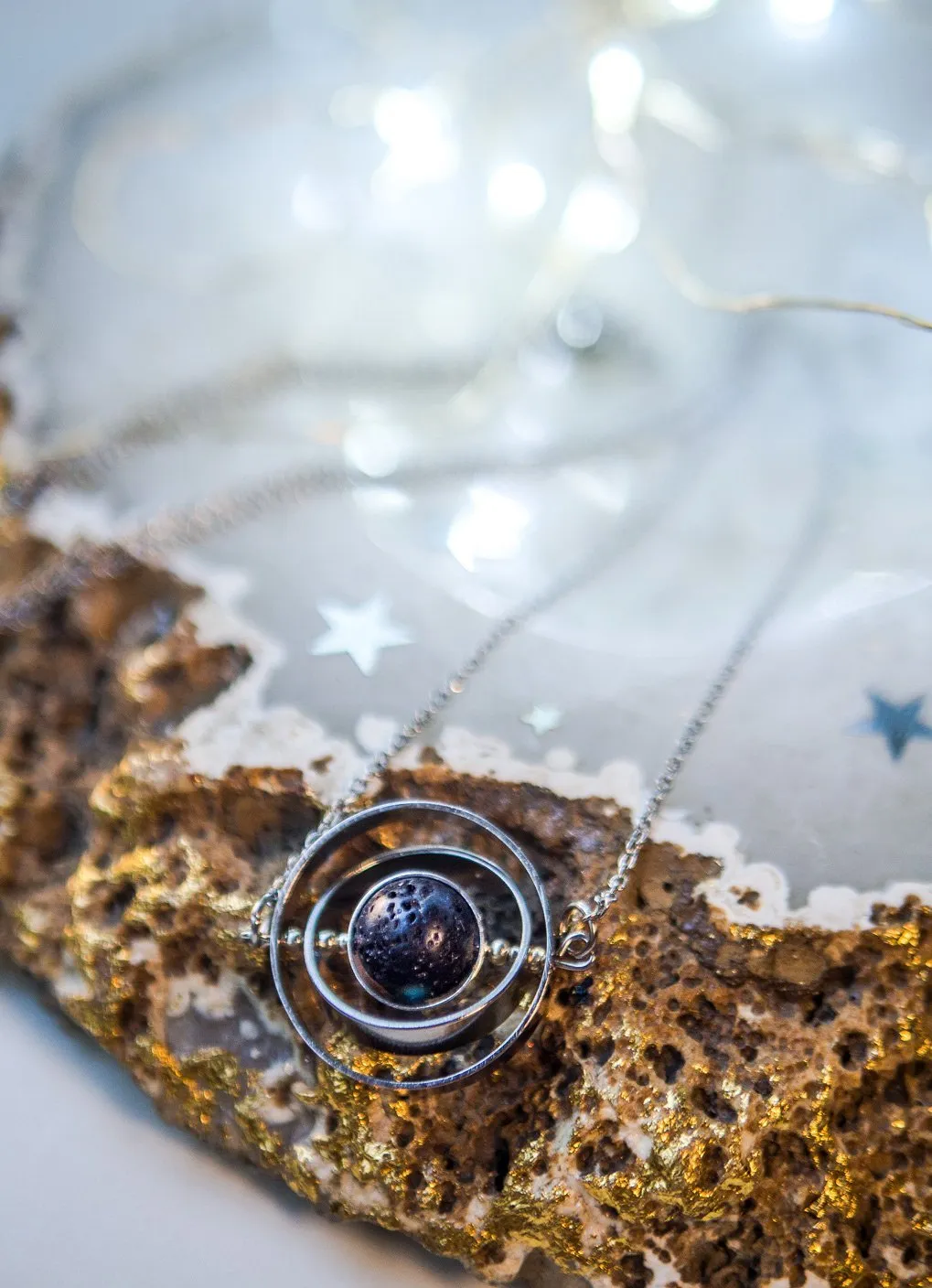 Galaxy inspired asteroid silver spinner necklace