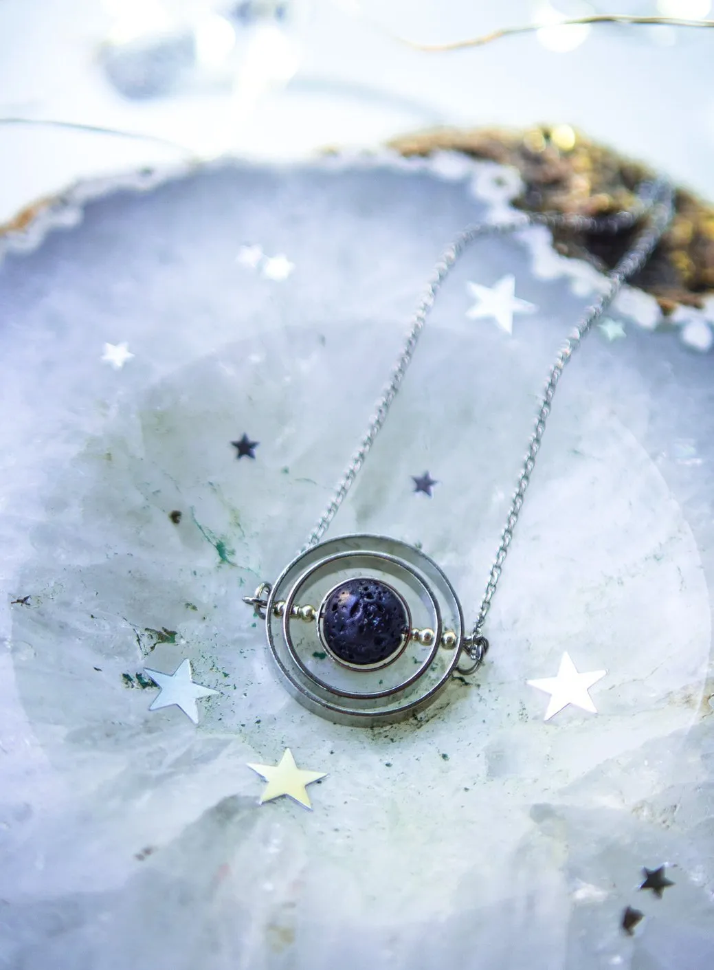 Galaxy inspired asteroid silver spinner necklace