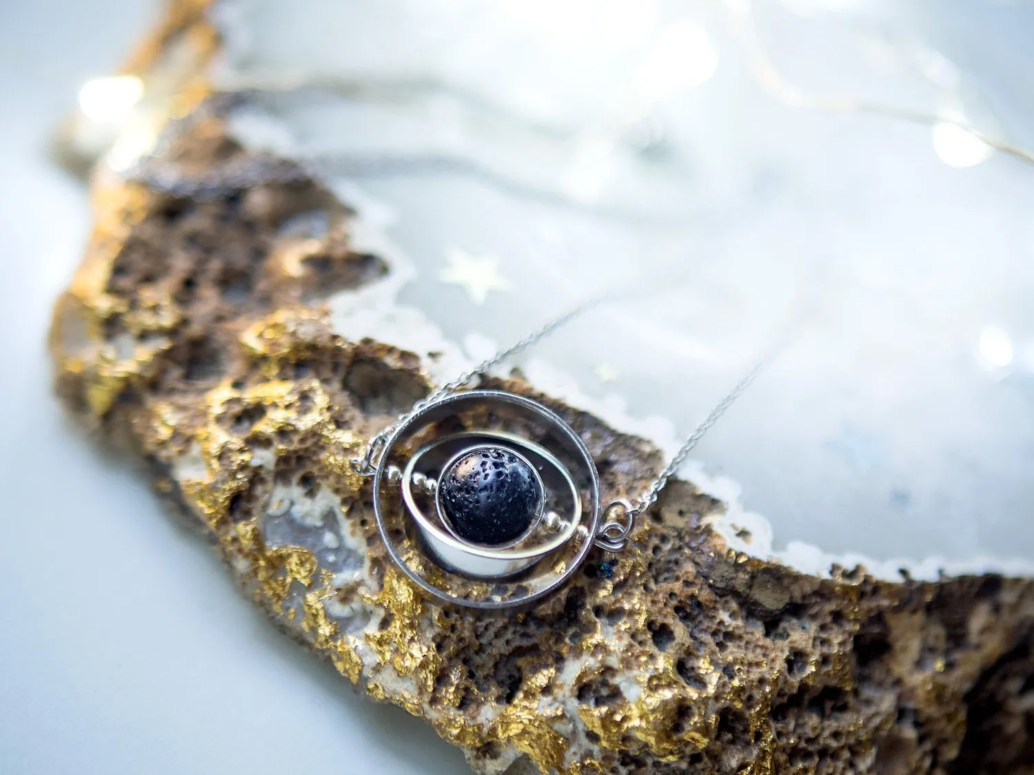 Galaxy inspired asteroid silver spinner necklace