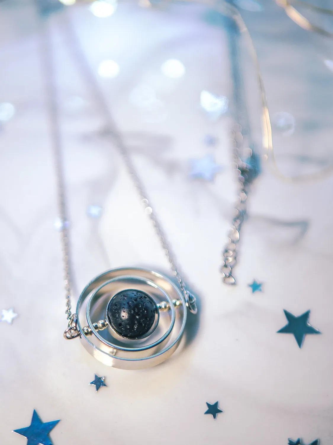 Galaxy inspired asteroid silver spinner necklace