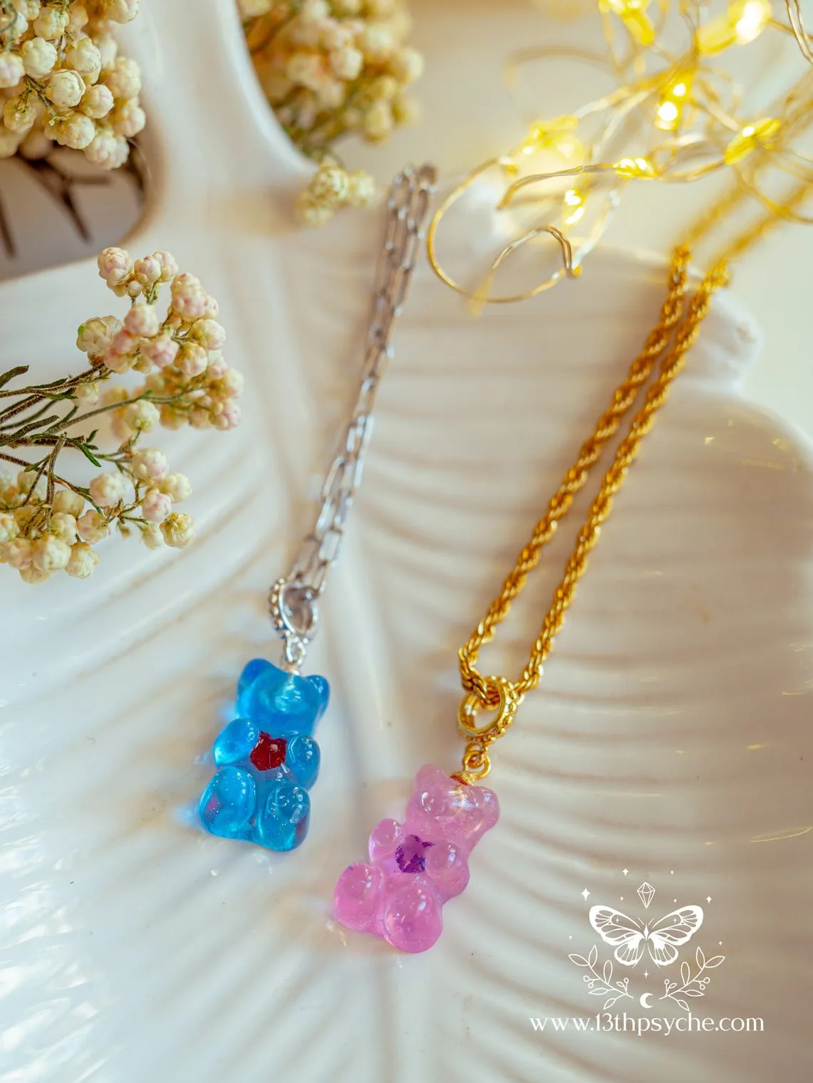 Heart gummy bear necklace, candy bear charm pendant