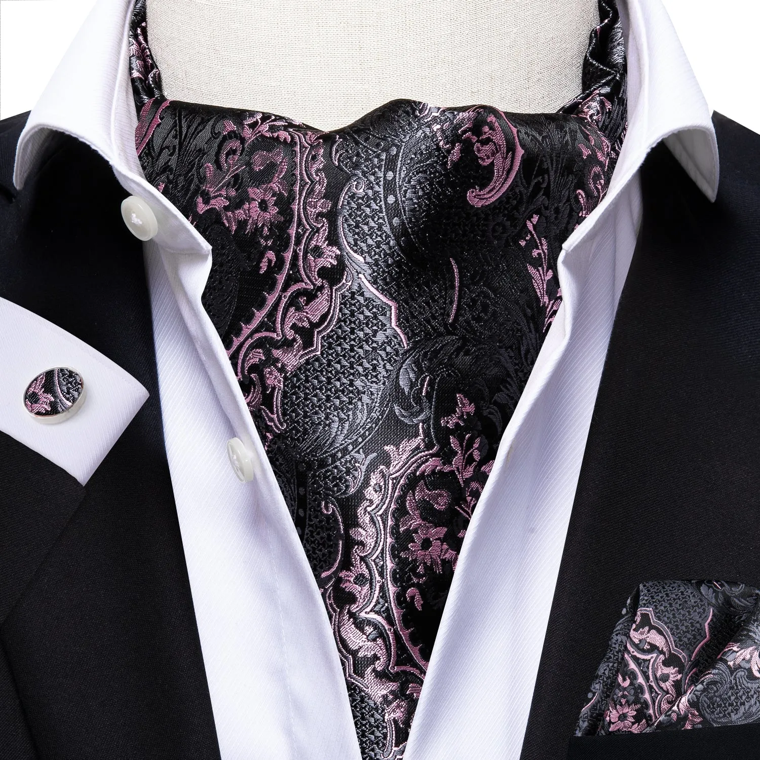 Hi-Tie Black Pink Paisley Ascot Pocket Square Cufflinks Set