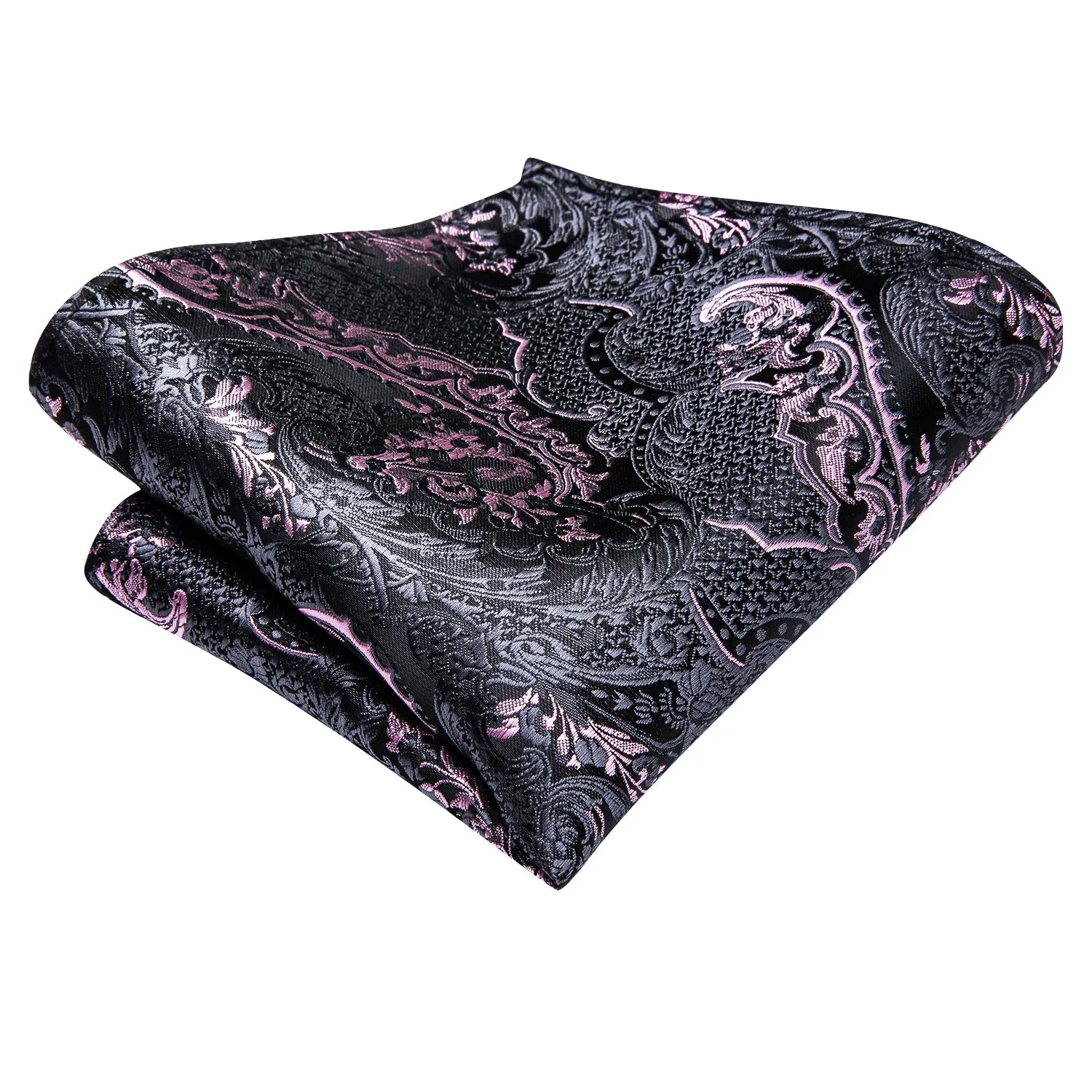 Hi-Tie Black Pink Paisley Ascot Pocket Square Cufflinks Set