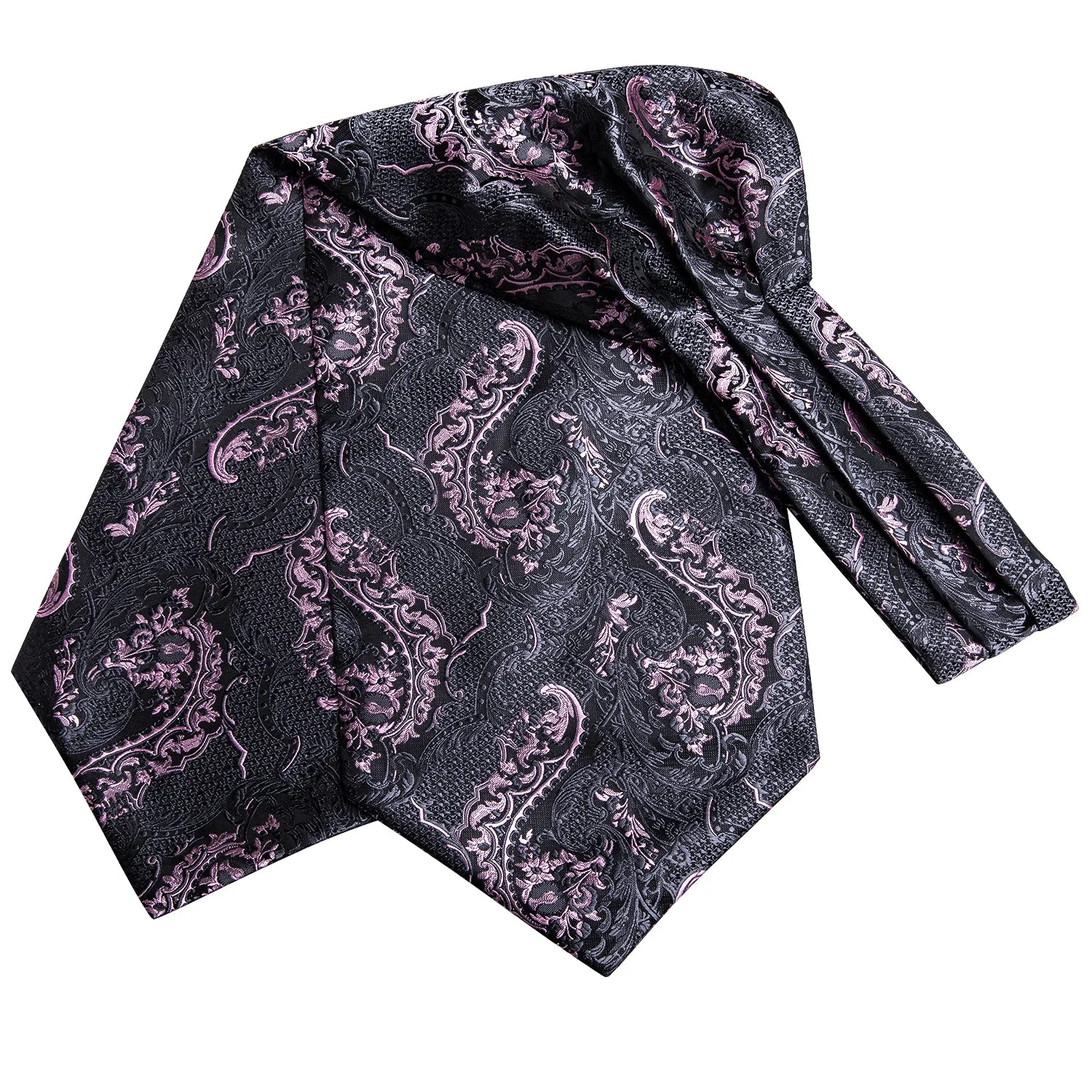 Hi-Tie Black Pink Paisley Ascot Pocket Square Cufflinks Set