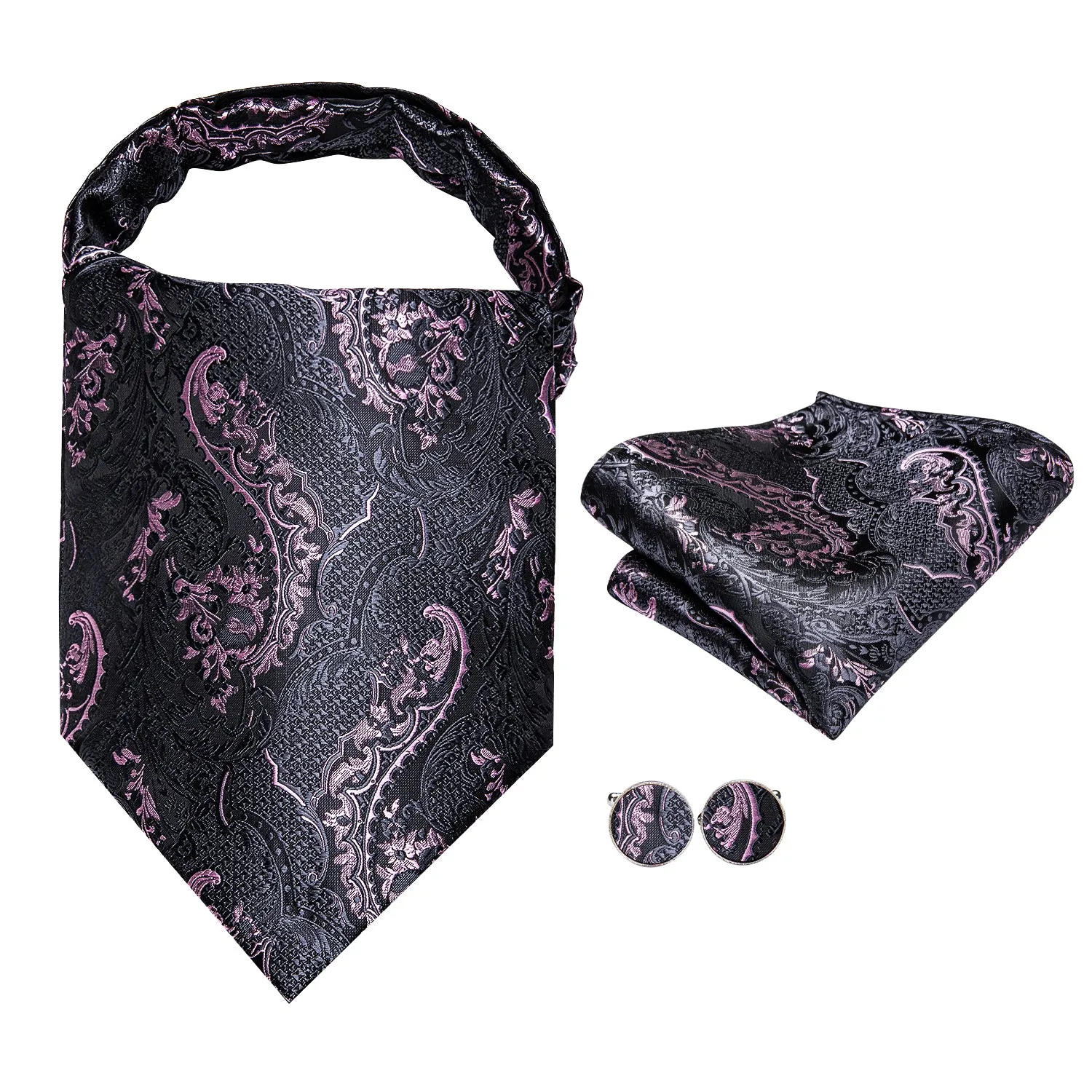 Hi-Tie Black Pink Paisley Ascot Pocket Square Cufflinks Set