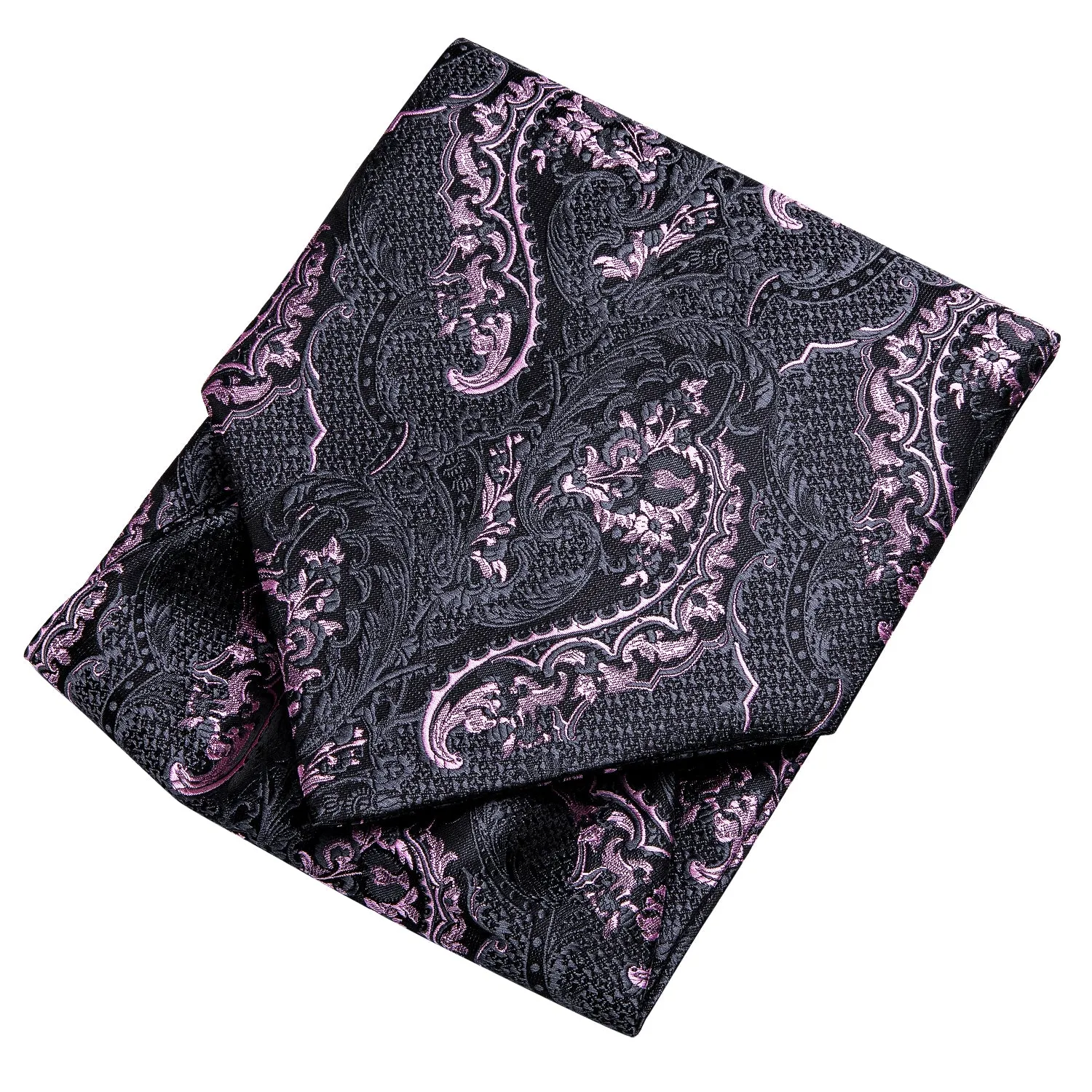 Hi-Tie Black Pink Paisley Ascot Pocket Square Cufflinks Set