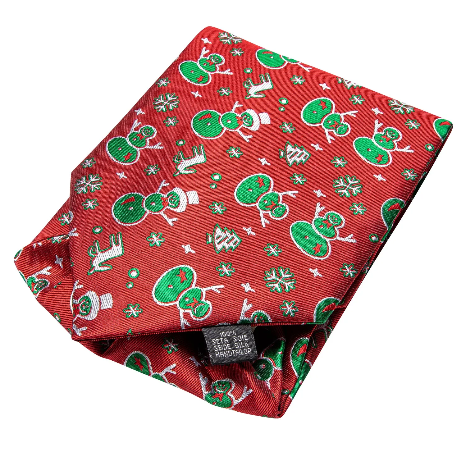 Hi-Tie Red Green Christmas Snowmen Ascot Pocket Square Cufflinks Set