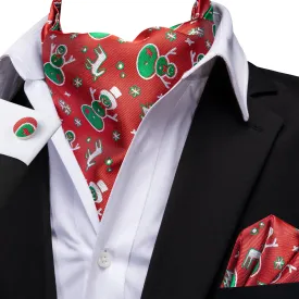 Hi-Tie Red Green Christmas Snowmen Ascot Pocket Square Cufflinks Set