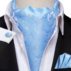 Hi-Tie Sky Blue Necktie Floral Ascot Tie Pocket Square Cufflinks Set