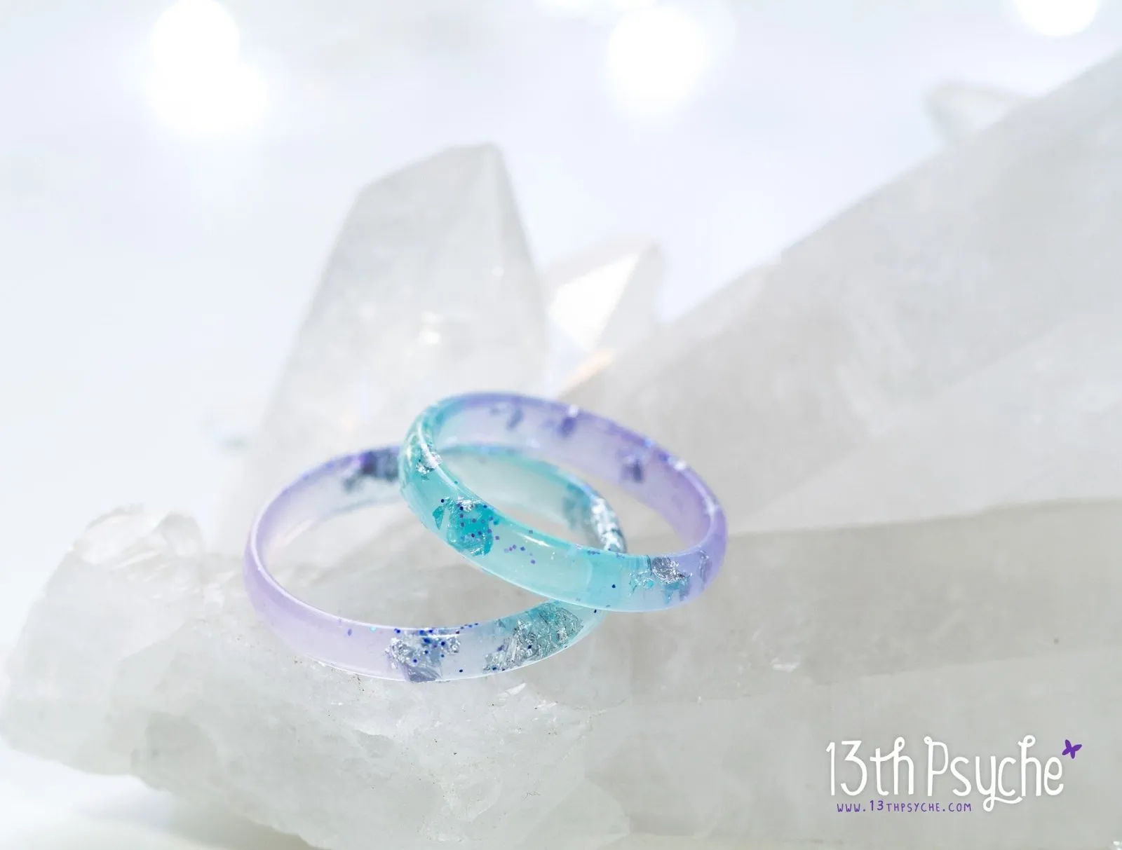 Lilac and turquoise resin ring with silver flakes