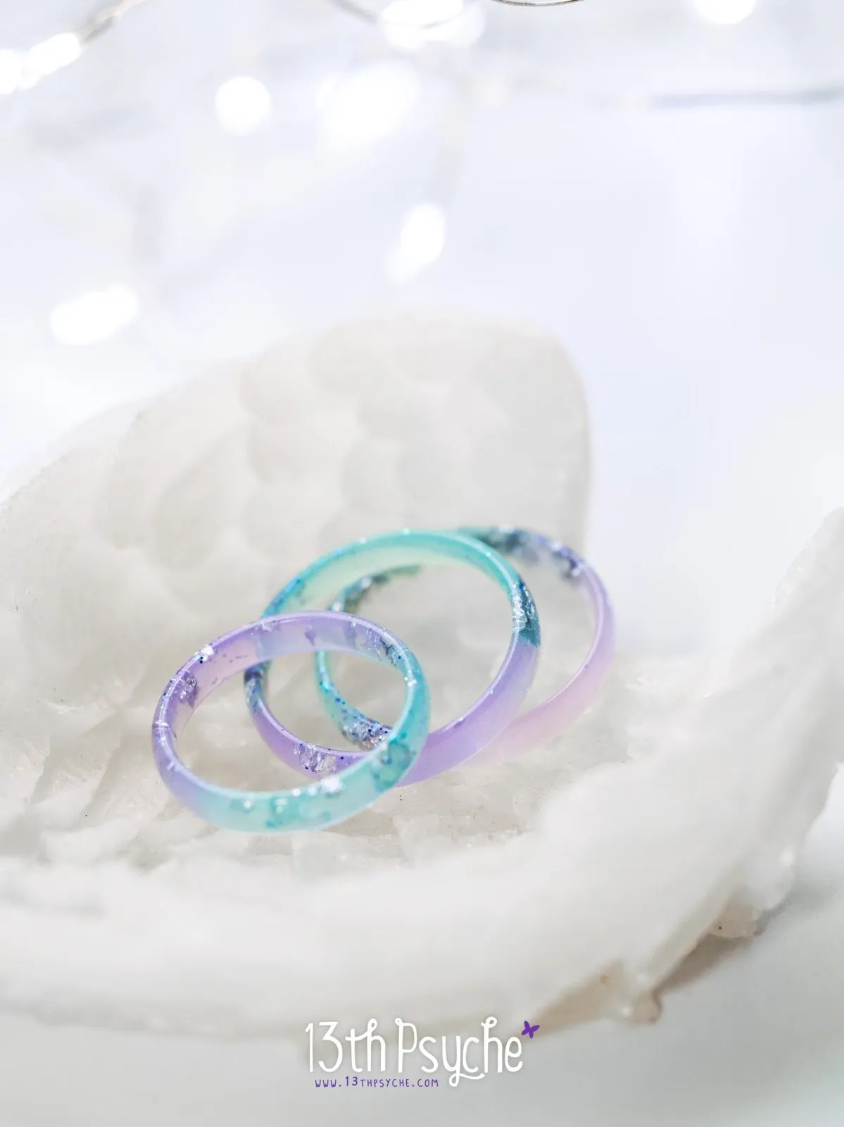 Lilac and turquoise resin ring with silver flakes