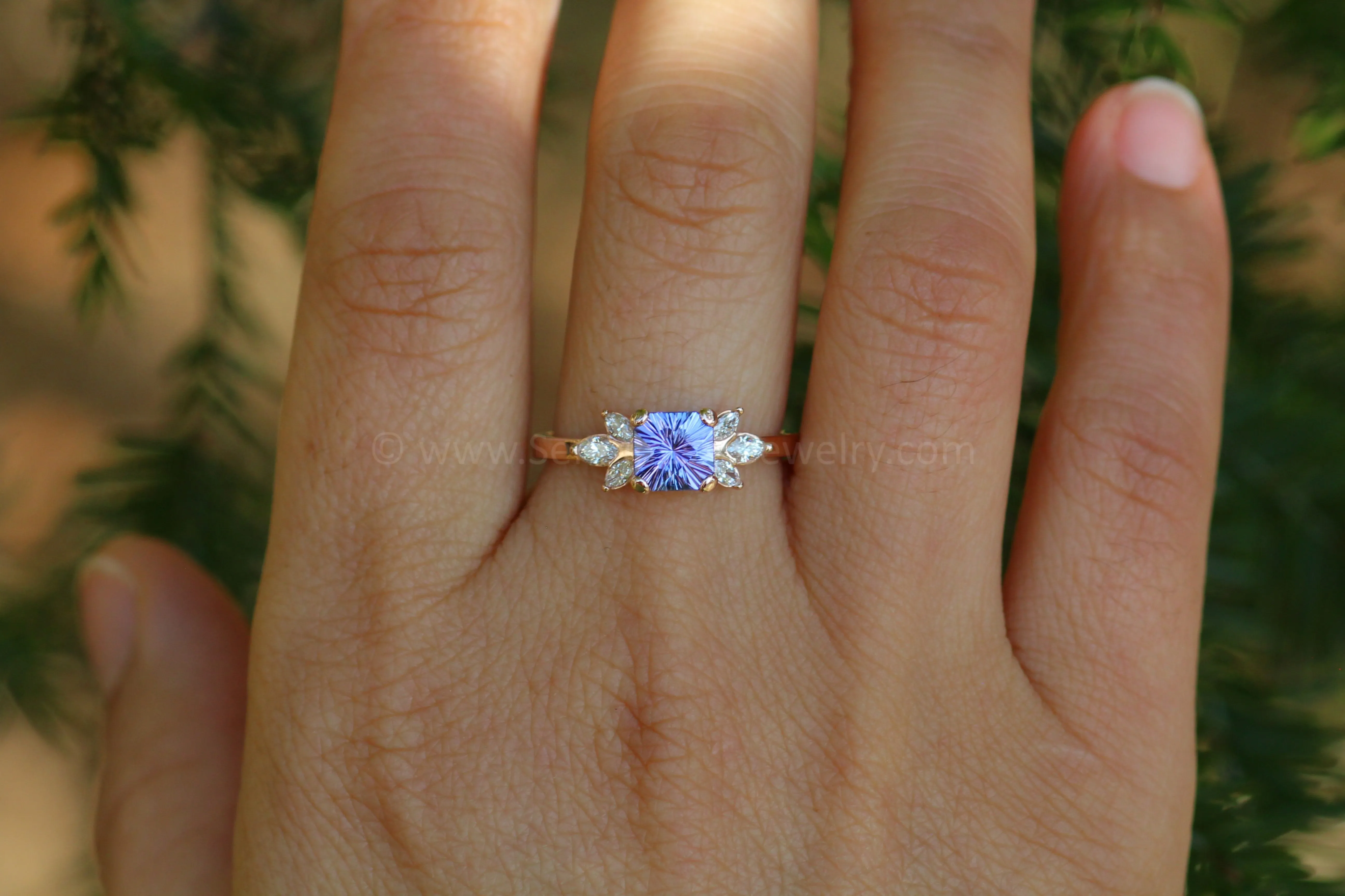 Multi Prong Setting with Diamond Marquise Accents - Depicted with a 1.3 carat Fantasy Cut Tanzanite (Setting Only, Center Stone Sold Separately)