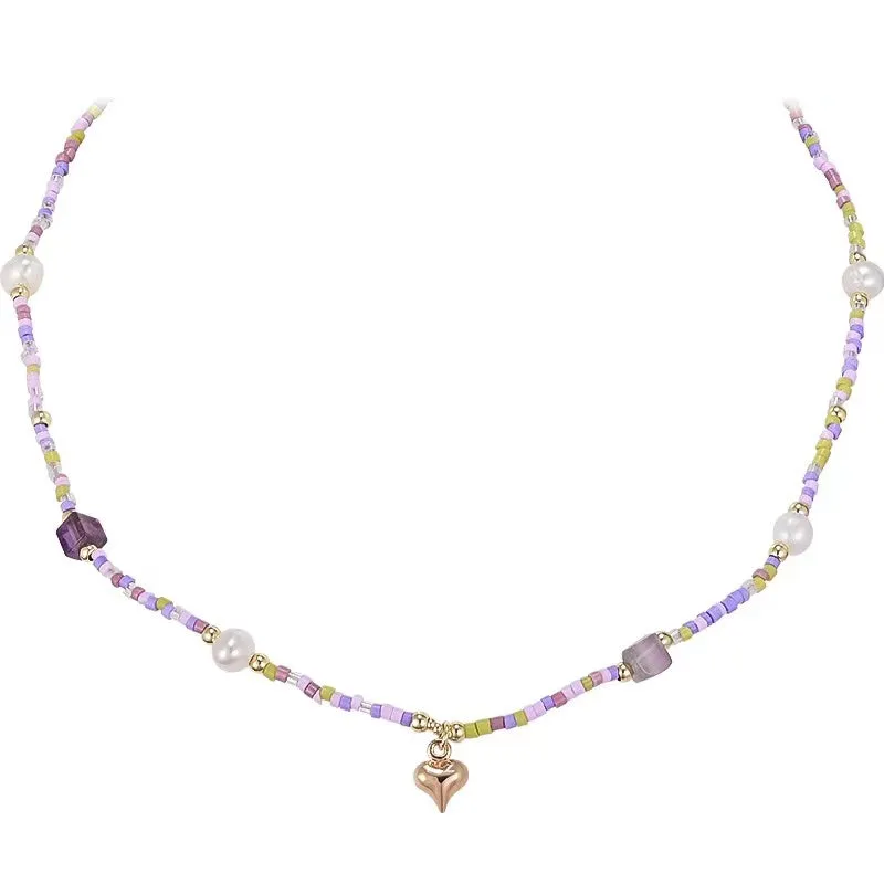 N47 Cute Purple Beaded Pearls Heart Pendant Necklace