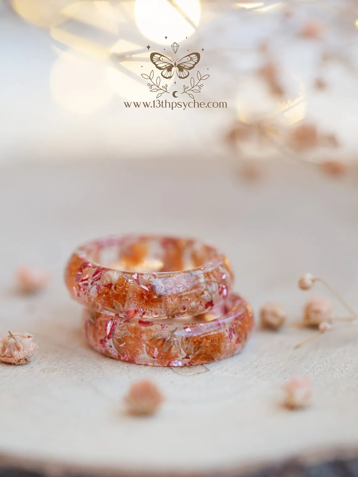 Orange baby's breath flowers resin ring