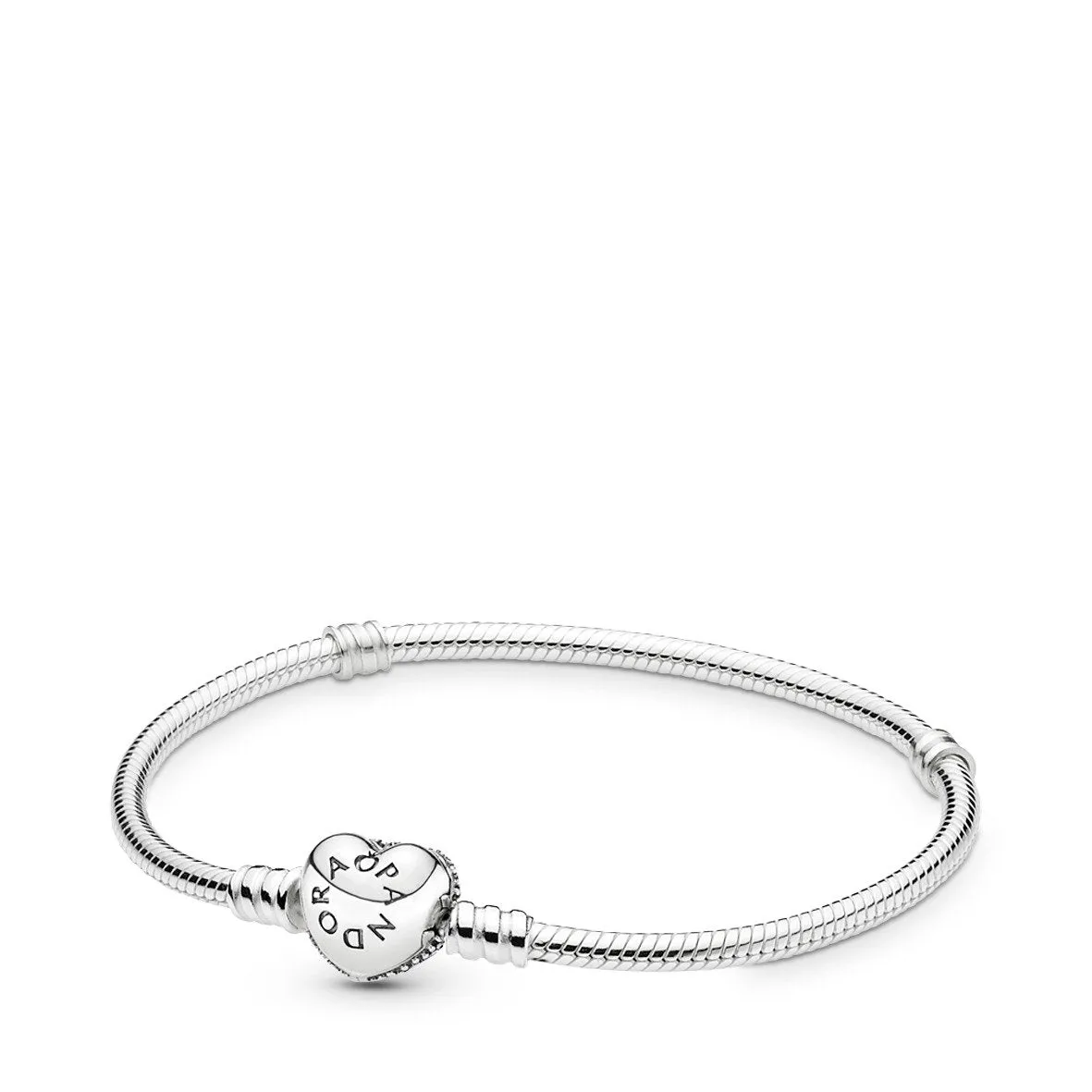 Pandora Moments Sparkling Heart Pave Clasp Snake Chain Bracelet #590727CZ-16