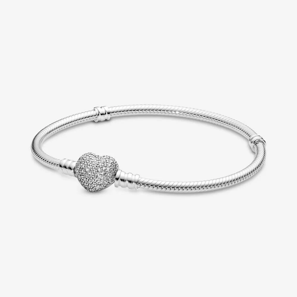 Pandora Moments Sparkling Heart Pave Clasp Snake Chain Bracelet #590727CZ-16