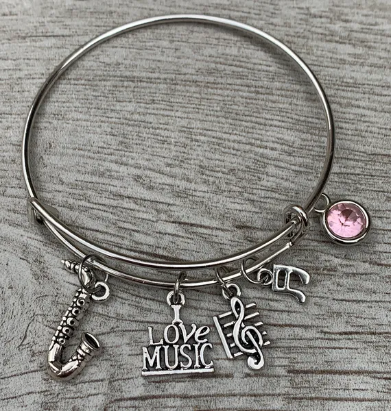 Personalized Saxophone Charm Bangle Bracelet with Birthstone