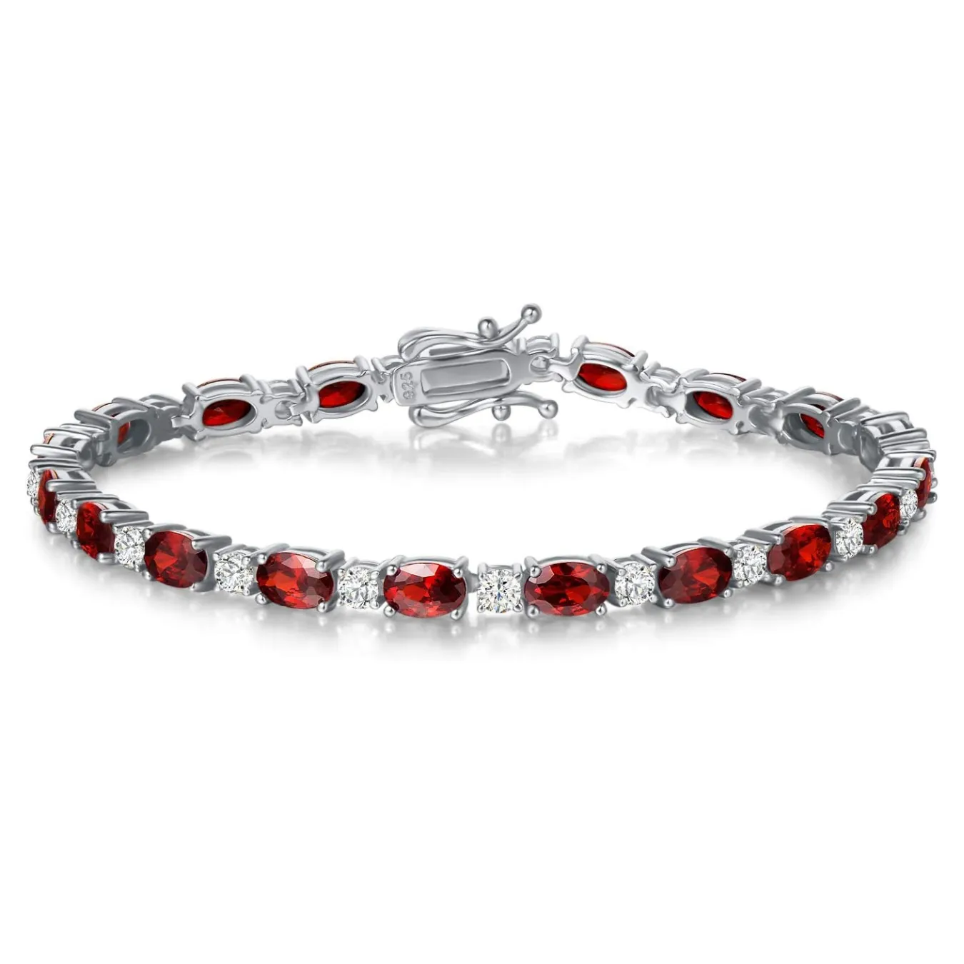 "Glamour Radiance" January Birthstone Fancy Cut Tennis Garnet Sterling Silver Bracelet