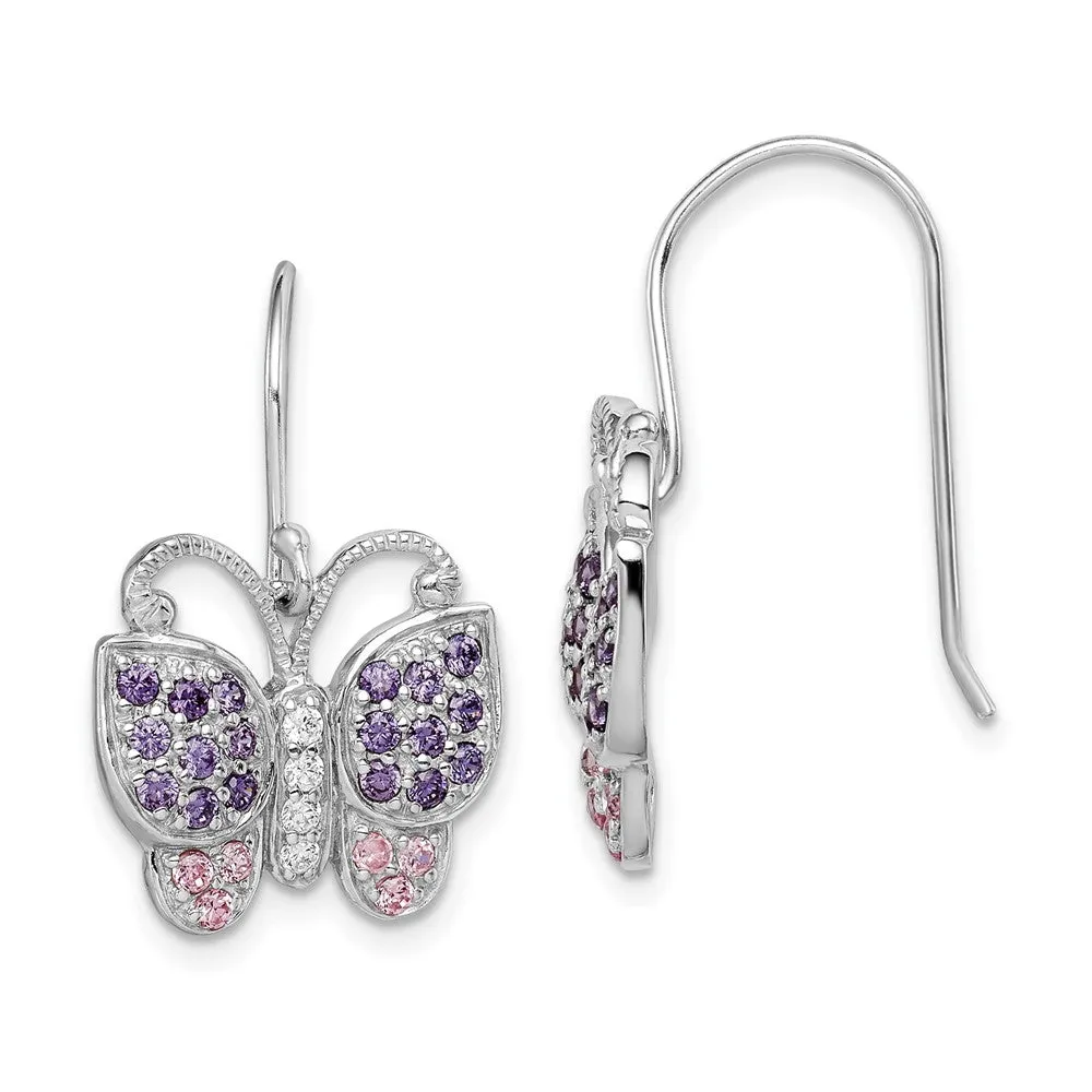 Rhodium-plated Sterling Silver CZ Butterfly Shepherd Hook Earrings