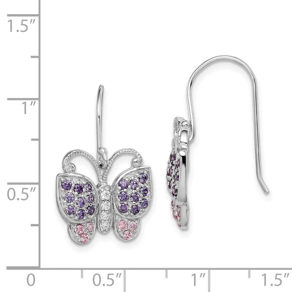 Rhodium-plated Sterling Silver CZ Butterfly Shepherd Hook Earrings