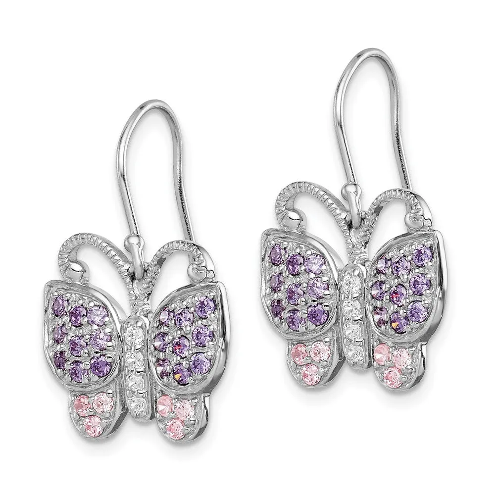 Rhodium-plated Sterling Silver CZ Butterfly Shepherd Hook Earrings