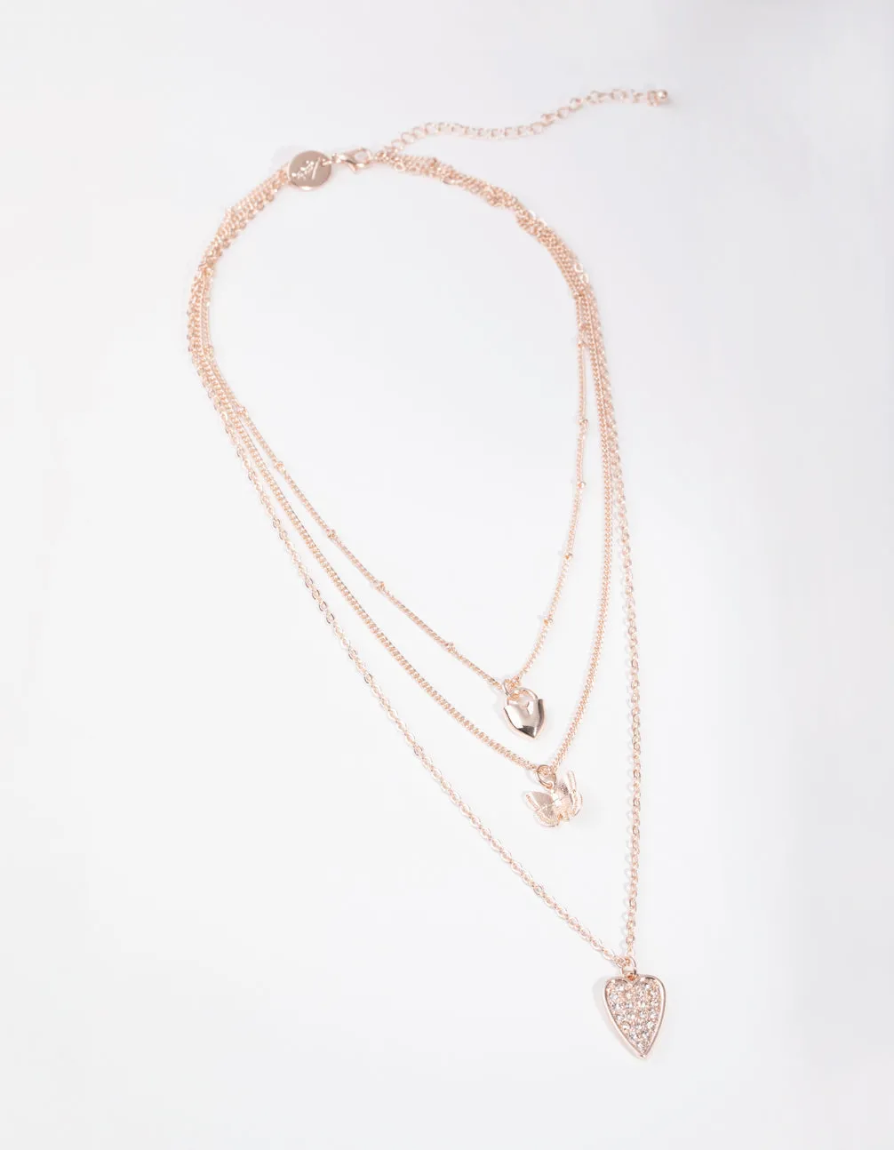 Rose Gold Short Diamante Heart 3-Row Necklace