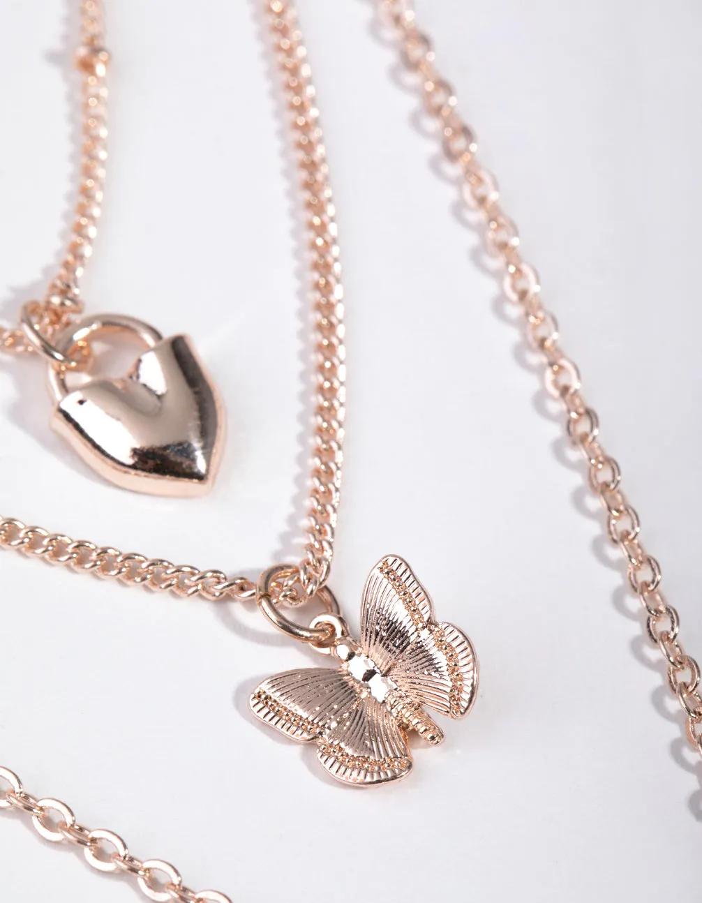 Rose Gold Short Diamante Heart 3-Row Necklace