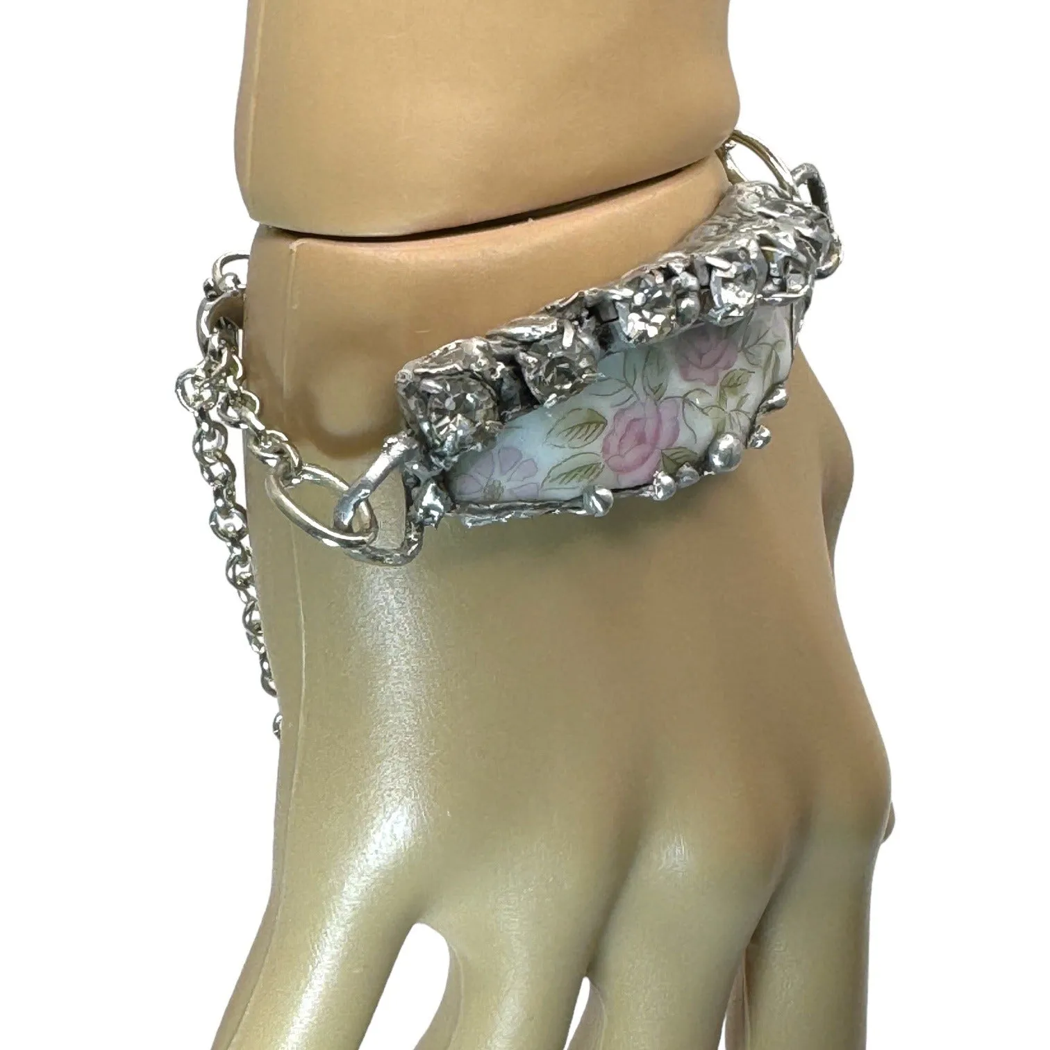 Roses & Rhinestones Broken China Artisan Bracelet with Silver Blend Metalwork