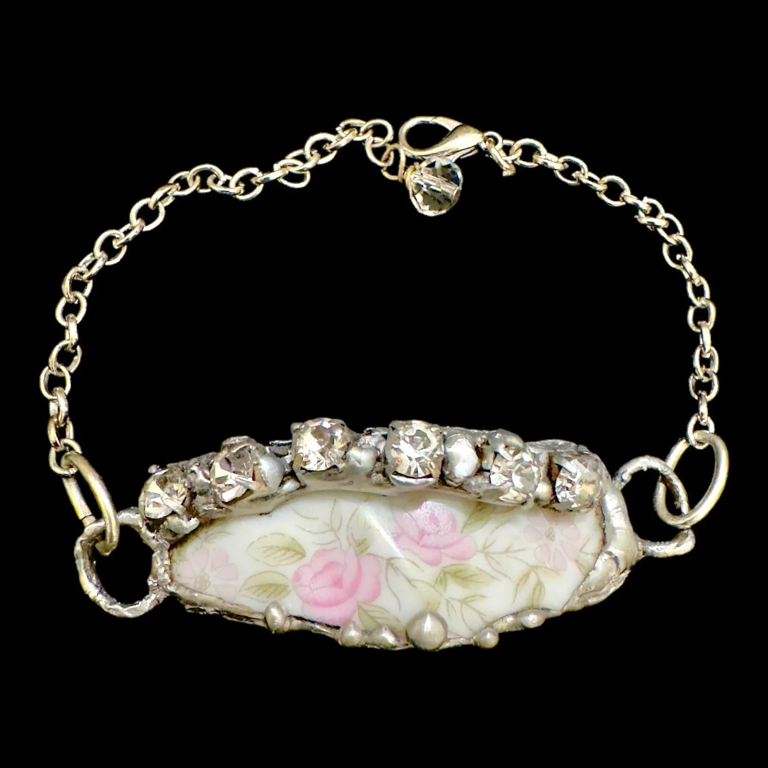 Roses & Rhinestones Broken China Artisan Bracelet with Silver Blend Metalwork