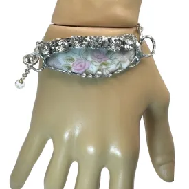 Roses & Rhinestones Broken China Artisan Bracelet with Silver Blend Metalwork