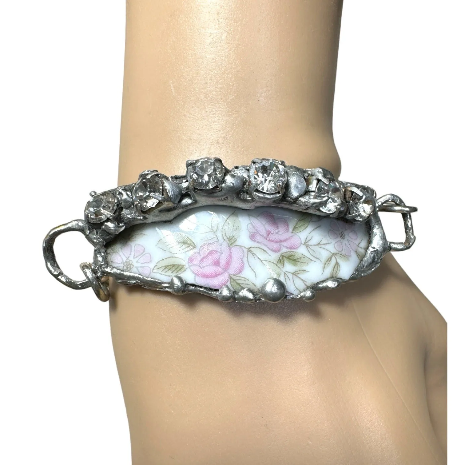 Roses & Rhinestones Broken China Artisan Bracelet with Silver Blend Metalwork