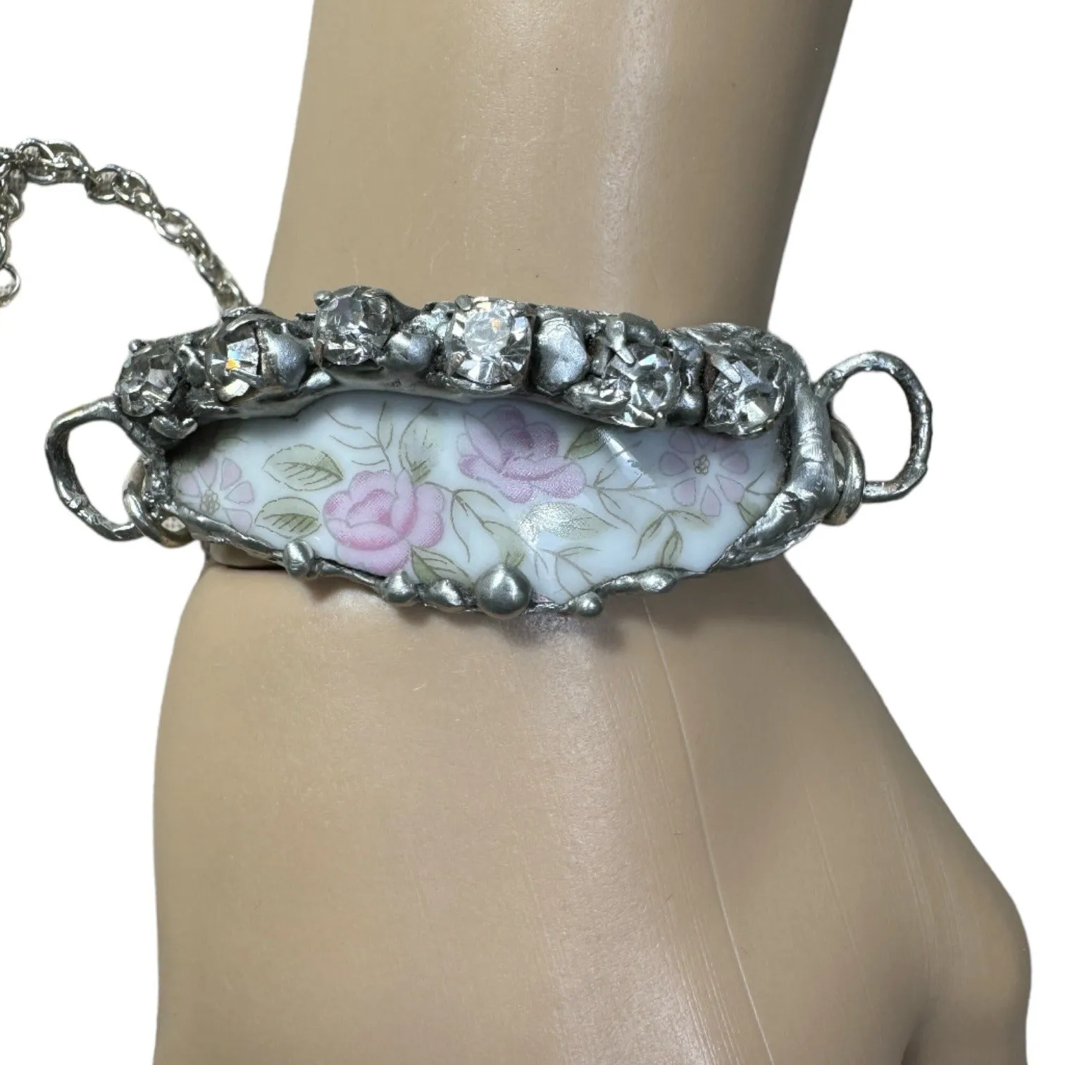 Roses & Rhinestones Broken China Artisan Bracelet with Silver Blend Metalwork